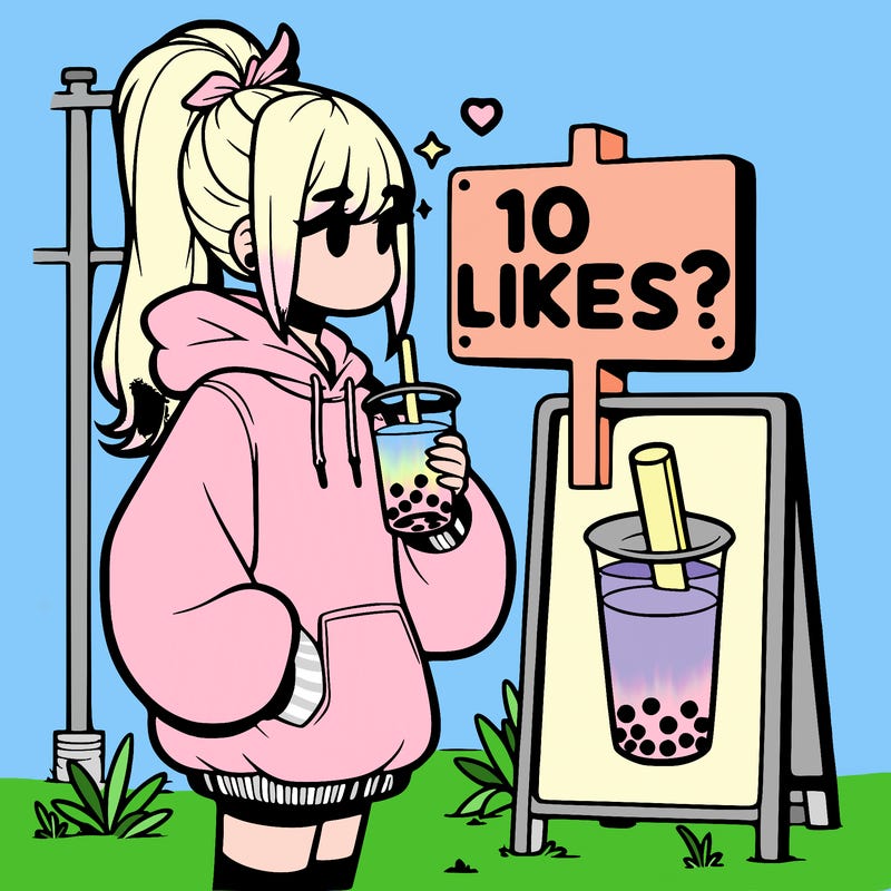 girl with oversized hoodie drinking boba and she has a high ponytail with a sign that says 10likes?
