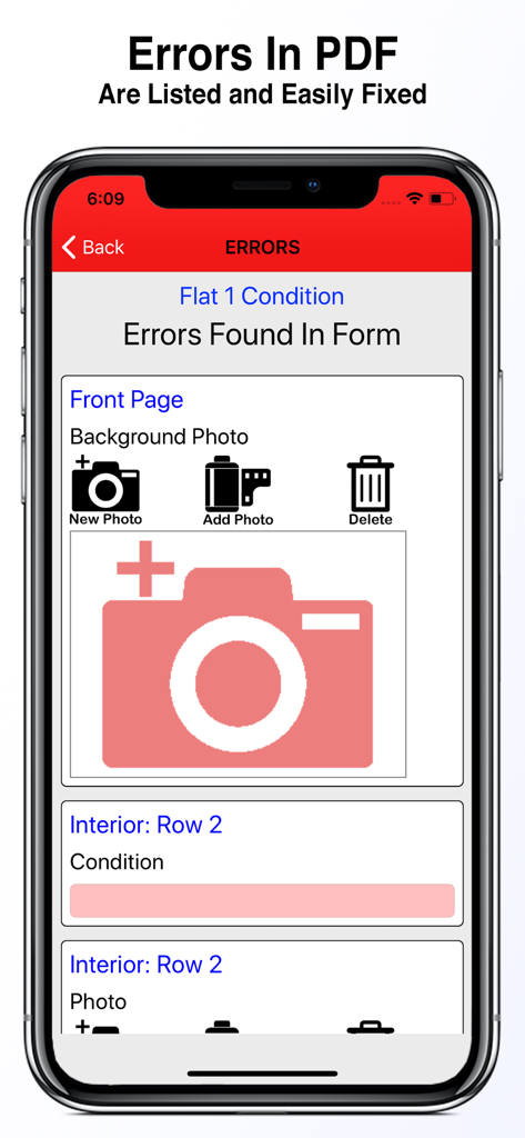 Tela do smartphone exibindo erros e informações obrigatórias ausentes no aplicativo Forms.