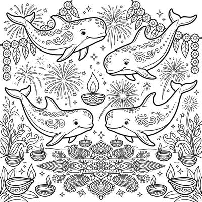 Explore a joyous blend of marine life and festive traditions with this unique Pilot Whales Diwali coloring page. Adorn these charming whales and their vibrant surroundings with your favorite colors.