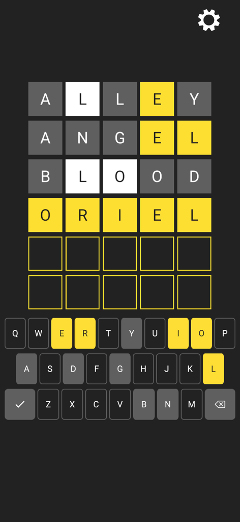 Word Search: Word Guess Puzzle - Screenshot of a solved 5-letter word puzzle game with a dark interface and yellow highlighted letters