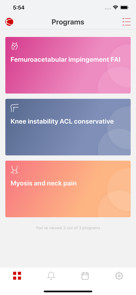 PTassistance - PTassistance app screen displaying a list of personalized physical therapy programs for hip, knee, and neck recovery.