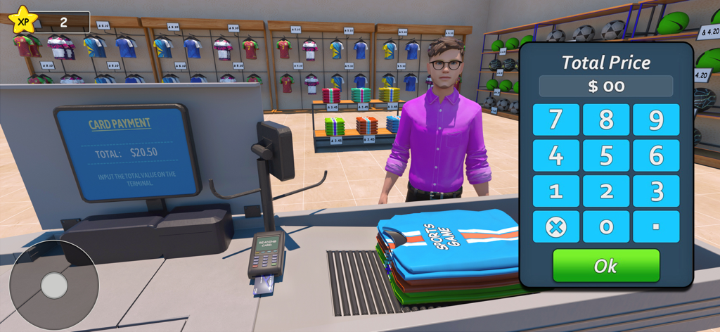 Sports Outfit & Equipment Game - Mostrador de caja en un juego de diseño de equipamiento y ropa deportiva que muestra la interfaz de pago y el interior de la tienda