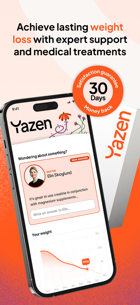 Yazen: medical weight loss - Yazen 의료 체중 감량 앱이 체중 추세 그래프와 면허 있는 의사와의 원격 진료 메시지를 표시하고 있습니다