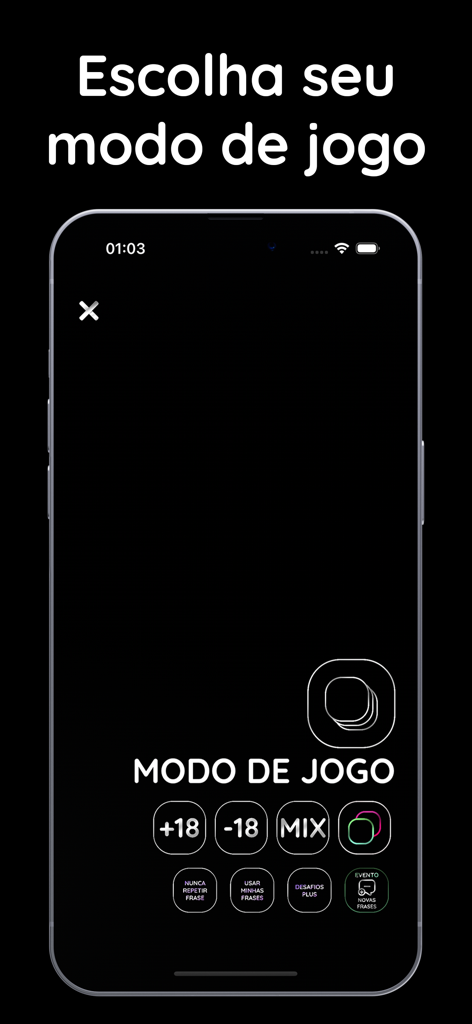 Game mode selection screen for the Eu Nunca +18 app featuring categories like plus 18, minus 18, and mixed