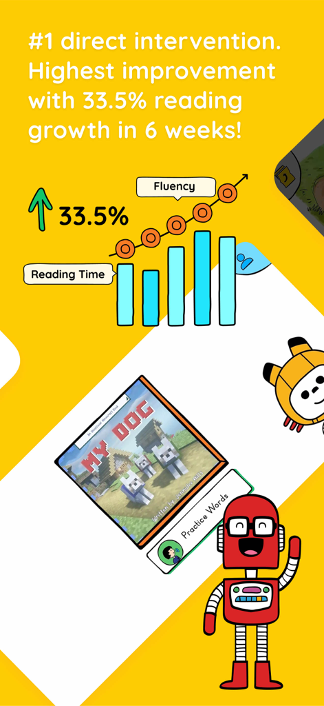 Marketing graphic for Bookbot phonics app showing a thirty three percent reading growth and fluency improvement in six weeks.