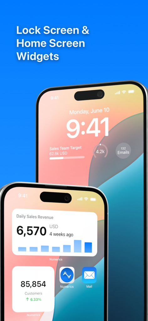 Numerics app showcasing business data widgets on iPhone Lock Screen and Home Screen
