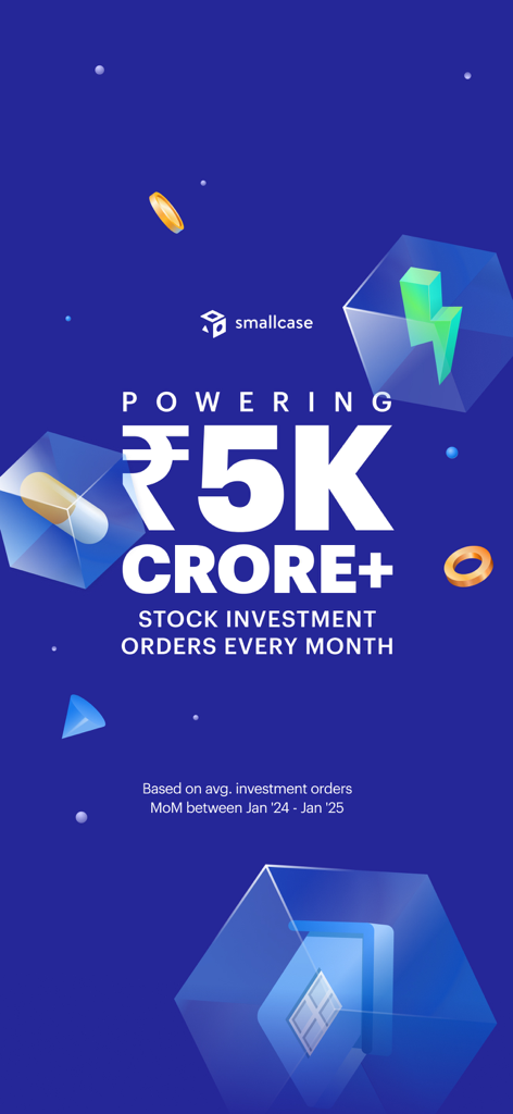 Smallcase app screen showing 5000 crore plus monthly stock investment orders.