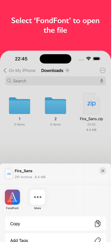 FondFont: Install System Fonts - An iPhone screenshot showing the iOS Files app with a ZIP font file selected and FondFont listed as an option to open it.