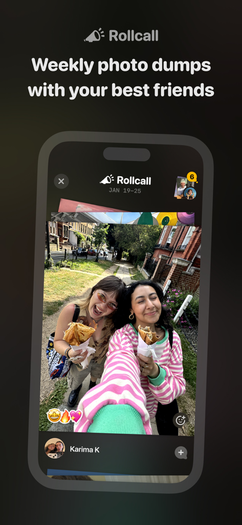 Locket Widget app interface showing the Rollcall feature with a photo of two friends sharing a meal and emoji reactions.