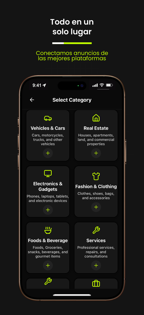 Pantalla de la aplicación móvil NODO.ia mostrando categorías de negocios locales como Bienes Raíces, Electrónica y Servicios