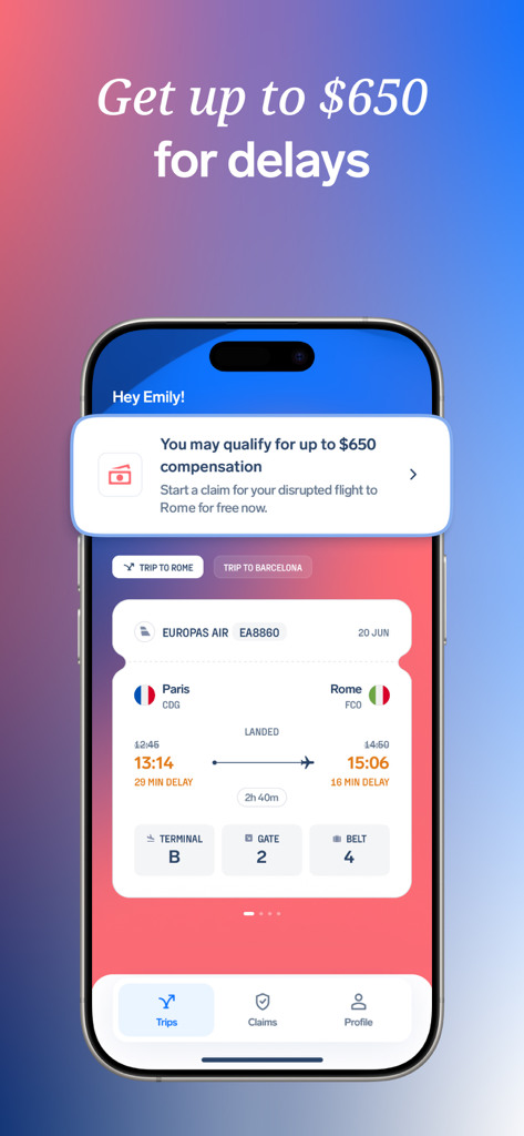 AirHelp app interface showing flight delay details and a notification for a 650 dollar compensation claim