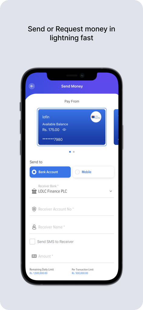 iPay Sri Lanka - A mobile screen from the iPay Sri Lanka app showing the interface to send money to a bank account.