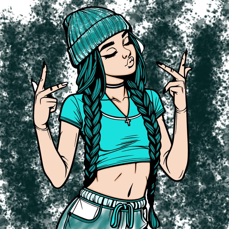 realistic teenage girl with braids and a beanie and crop top doing 🫶🏼