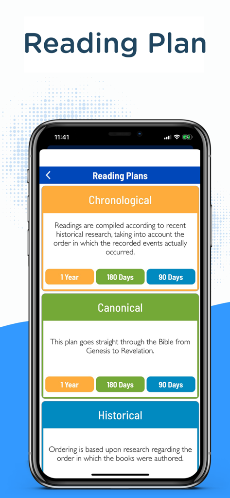 NKJV Bible Holy Version Revise - NKJV Bible app screen showing chronological canonical and historical reading plan options.