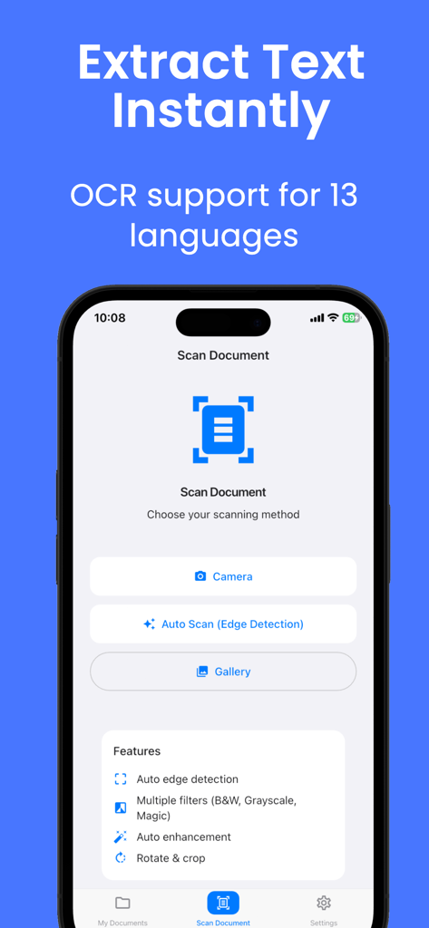 Scanner APP:JPG,Photo to PDF - Interfaz de una aplicación de escáner de documentos móvil con extracción de texto OCR y opciones de detección automática de bordes