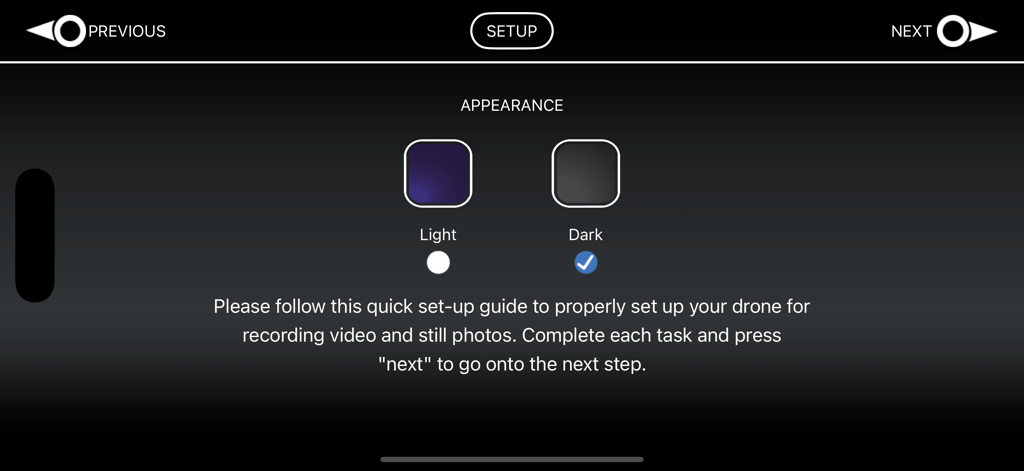Setup screen in the VA-1000 drone app for choosing between light and dark appearance themes