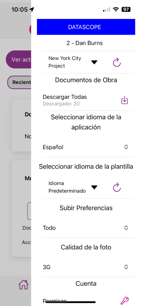 DataScope Site Documents App - Settings menu of the DataScope Site Documents App showing New York City Project details and language preferences