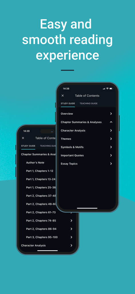 SuperSummary app Table of Contents showing sections for themes character analysis and chapter summaries