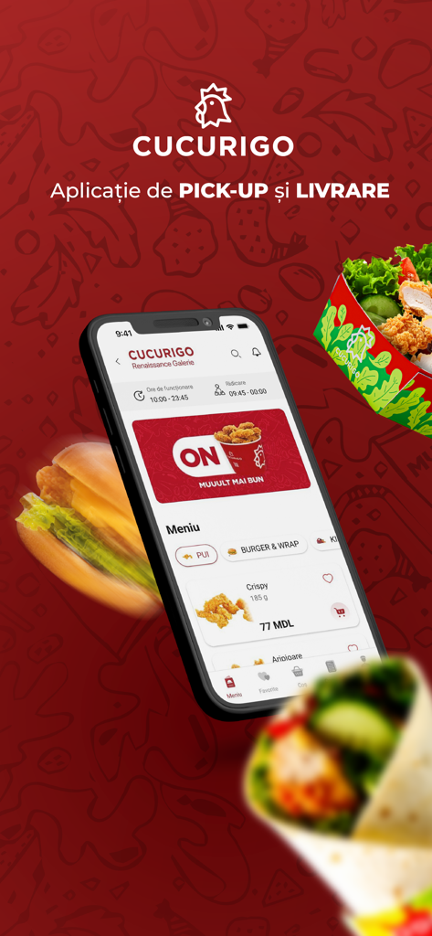 CUCURIGO - Cucurigo mobile app interface showing menu for food pickup and delivery