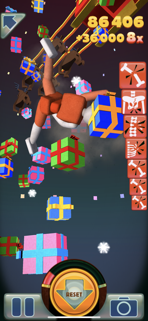 Stair Dismount® - A ragdoll character falling through floating Christmas presents in a holiday themed level of Stair Dismount.