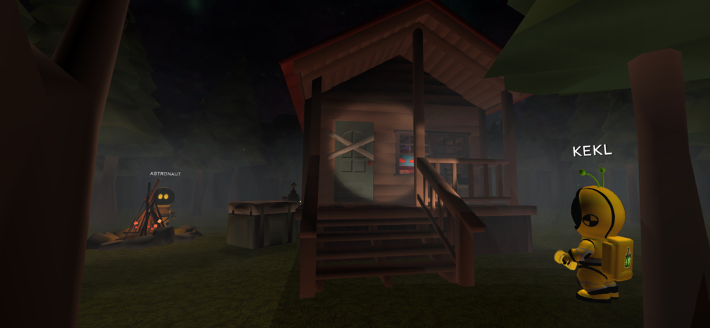 A mini astronaut character holding a flashlight near a spooky wooden cabin at night in the game Imposter 3D