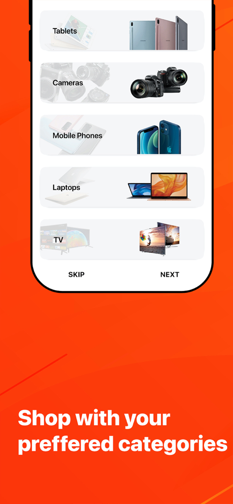 myG Online - myG Online app showing shopping categories for electronics like phones and laptops