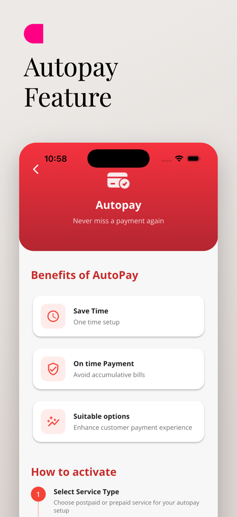 Nama Services mobile app interface displaying the Autopay feature screen with benefits and activation steps