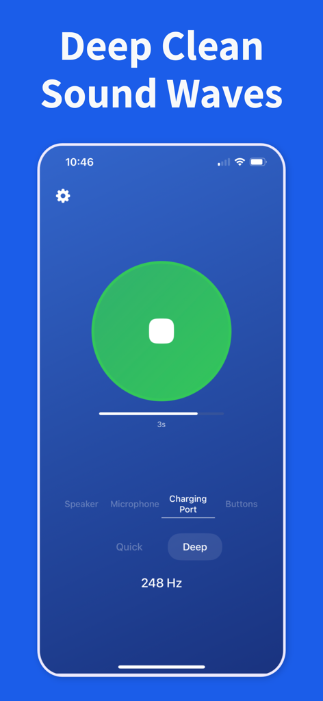 Water Remover, Speaker Cleaner - Water Remover app screen showing deep clean sound waves for iPhone charging port