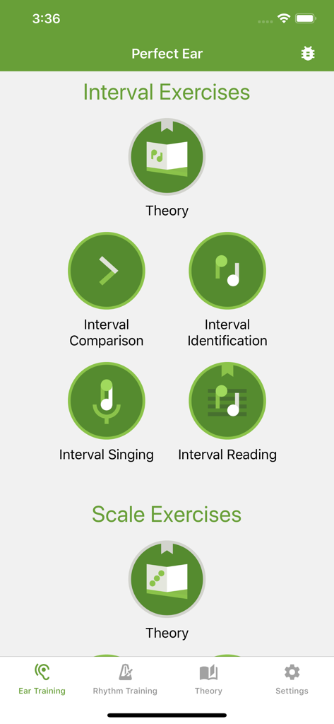 Perfect Ear - Ear Trainer - Interface of Perfect Ear app displaying interval and scale ear training exercises.