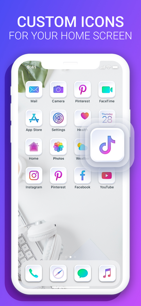 Fonts X for iPhones: Keyboard - Pantalla de inicio de iPhone con íconos de aplicaciones estéticas personalizadas con un diseño limpio y blanco.