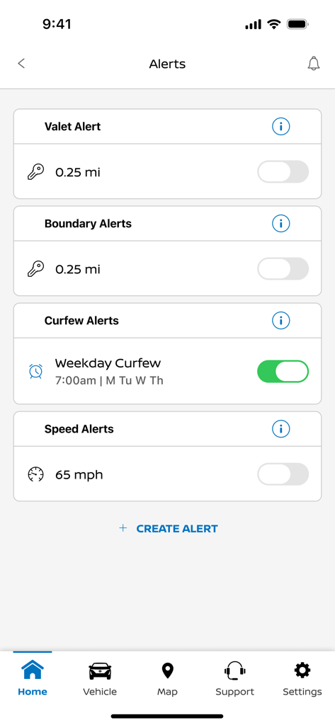 MyNISSAN® - MyNISSAN app interface showing customizable vehicle alerts for valet boundary curfew and speed monitoring