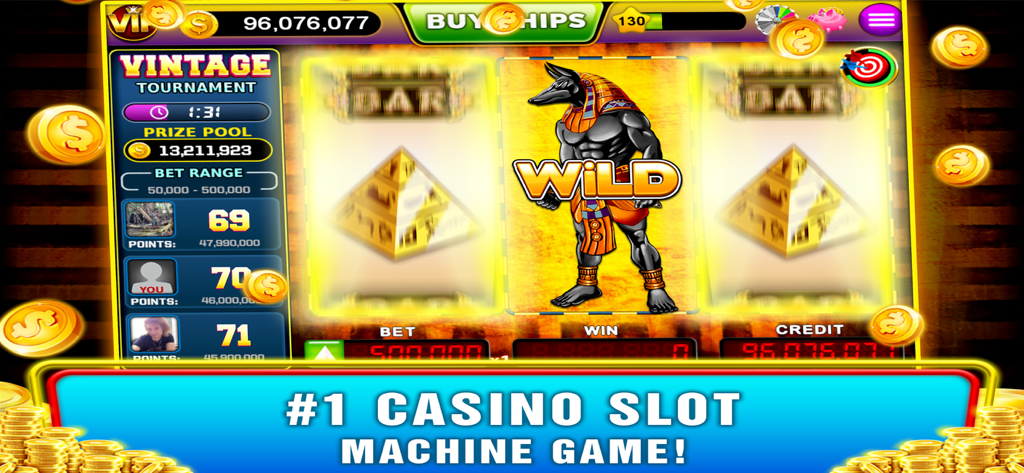 ビンテージスロットのエジプトをテーマにしたスロットマシン。アヌビスワイルドシンボルとトーナメントリーダーボードが表示されています