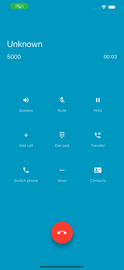 VoIP Int - Pantalla de llamada activa de la aplicación móvil VoIP Int con funciones de comunicación profesional como silenciar, retener y transferir llamada.