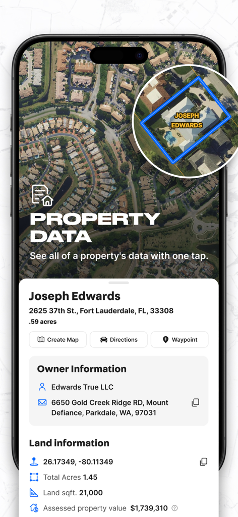 Smartphone screen displaying the Land id app with a detailed property data card showing owner information and parcel acreage