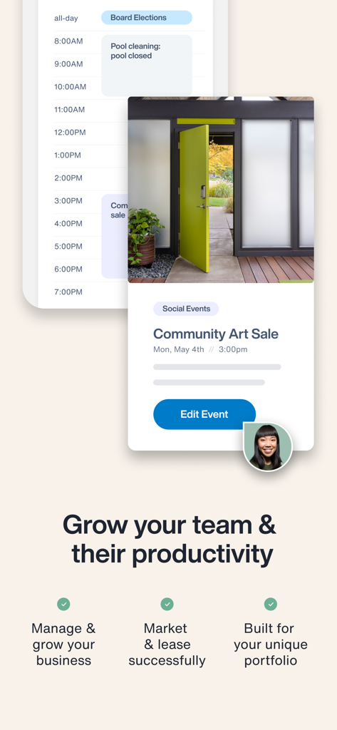 Benutzeroberfläche der AppFolio Property Manager Mobil-App mit Community-Event-Management und Business-Produktivitätsfunktionen