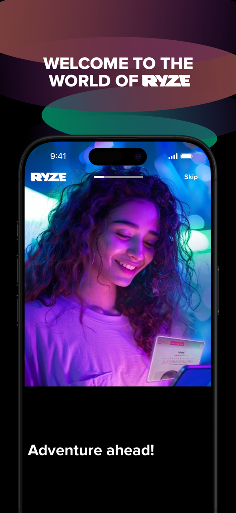 RYZE Bangladesh - 女性とネオンライトをフィーチャーしたRYZE Bangladeshスーパーアプリのウェルカムスクリーン