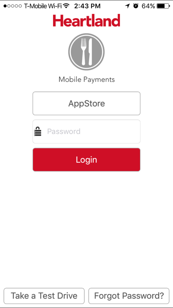 Login interface for the HMP Restaurant app featuring fields for store ID and password with a red login button.