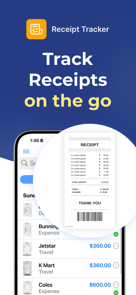 Receipt Tracker - Tax Return - Smartphone screen showing a receipt tracking app with a list of business expenses and a scanned receipt preview