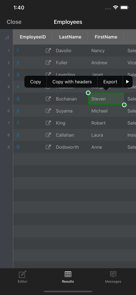 SQLPro Studio database client - SQLPro Studio interface showing database query results in a table with copy and export options.