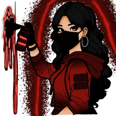 realistic girl with mask spray painting a wall