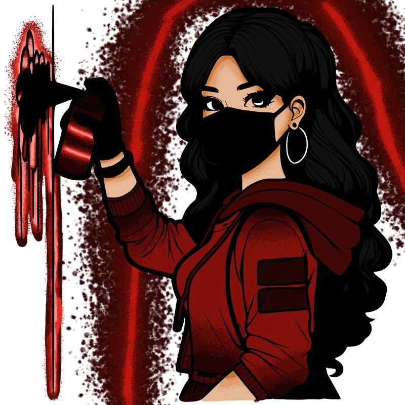 realistic girl with mask spray painting a wall