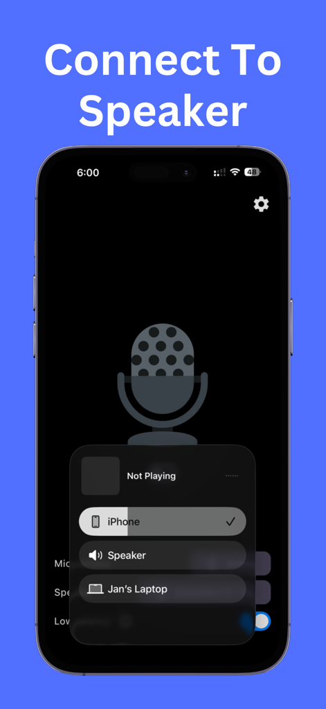 Microphone: Megi - iPhone上のMegiアプリのインターフェース。音声を増幅するためのスピーカー選択メニューが表示されています。