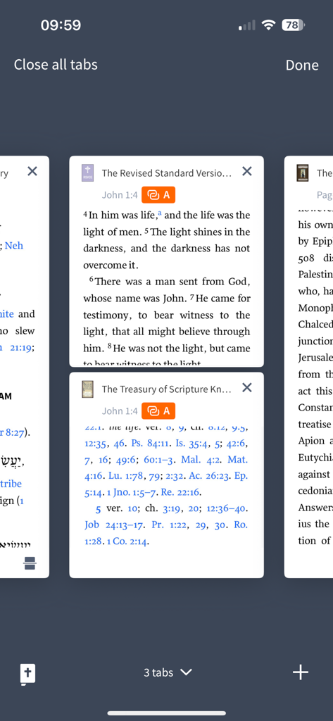 Verbum Catholic Bible Study - Interface of the Verbum Catholic Bible Study app showing multiple open tabs with scripture and cross-reference resources.