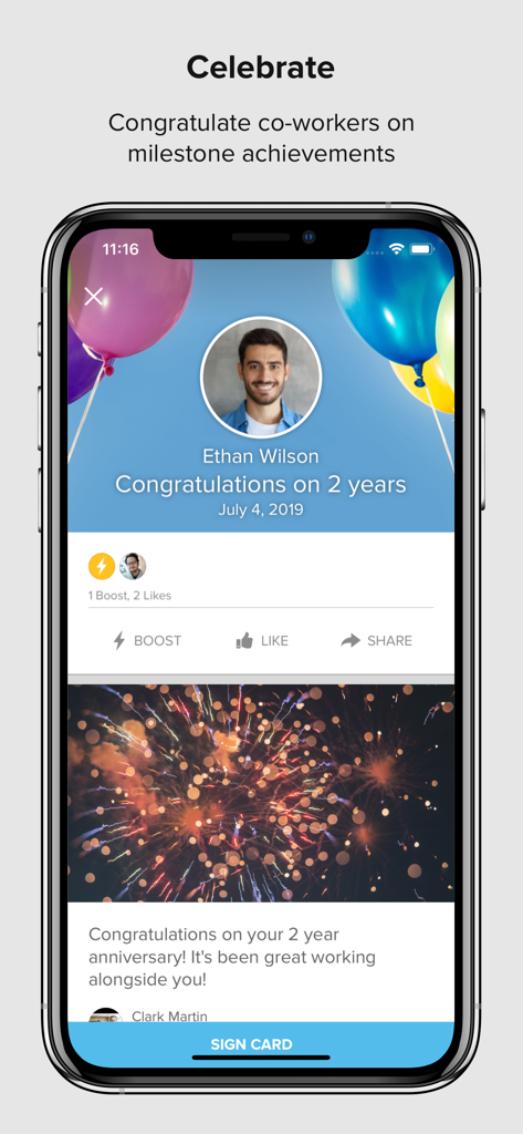Achievers - Achievers app interface showing a coworker work anniversary celebration with options to boost like share and sign a digital card