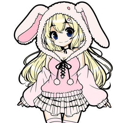 pretty anime girl wearing a fluffy hoodie with bunny ears on the hood and a skirt