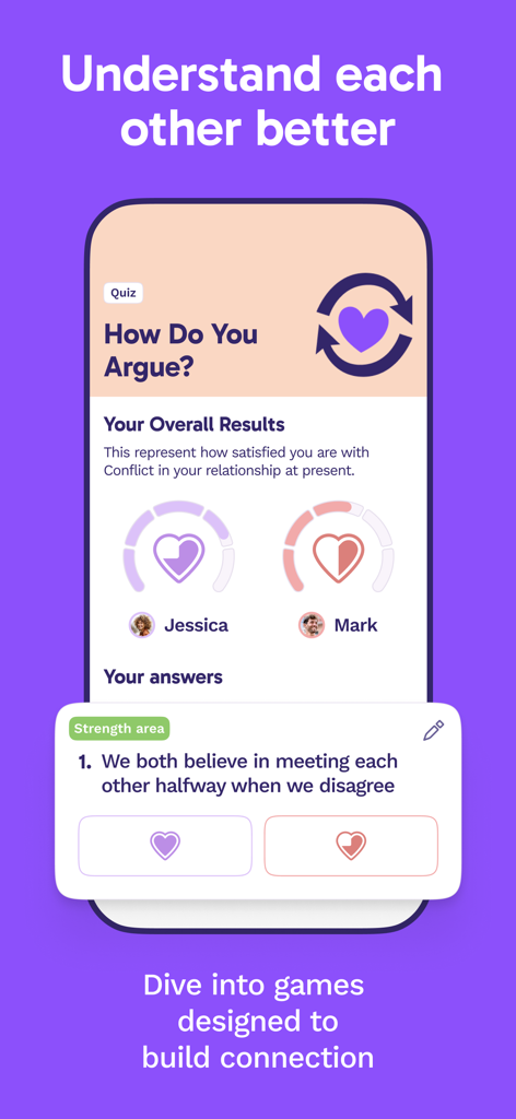 A screenshot of the Paired app showing a relationship quiz titled How Do You Argue with results and communication tips for couples