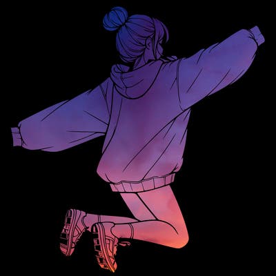 realistic girl jumping with a bun and oversized sweatshirt