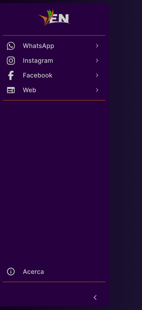 Menú de navegación de la aplicación Radio VEN 105.5 FM mostrando enlaces a redes sociales y sección "Acerca de"