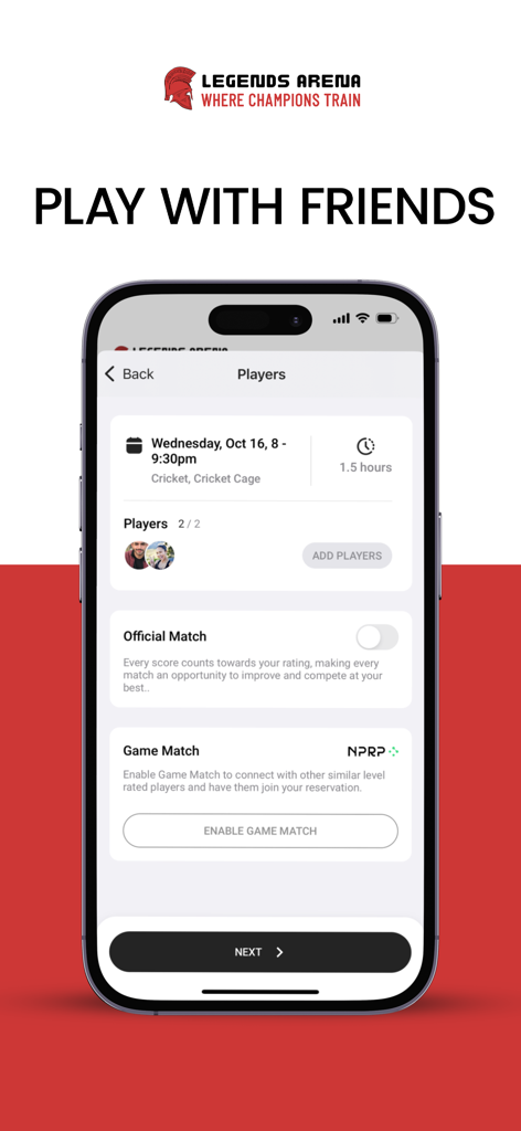 Legends Arena PK - Legends Arena PK mobile app screen showing options to play with friends and book a cricket cage match