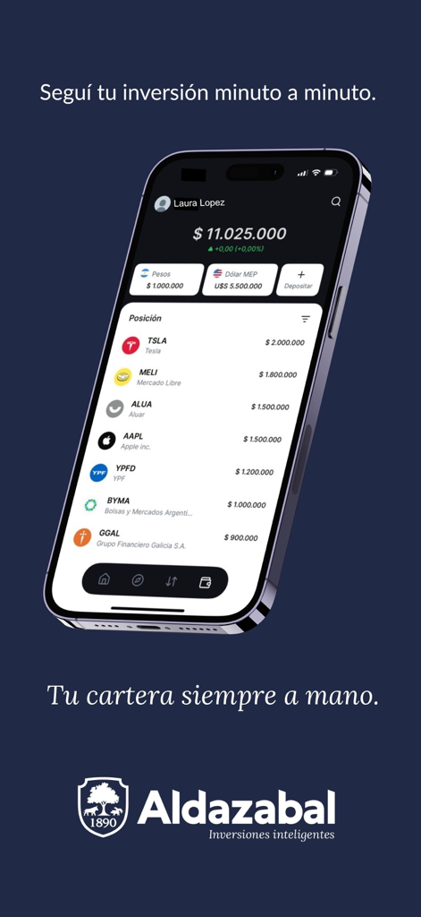 Aldazabal y Cía. - Screenshot of the Aldazabal y Cia mobile app showing an investment portfolio with real-time stock quotes and account balances in pesos and dollars.